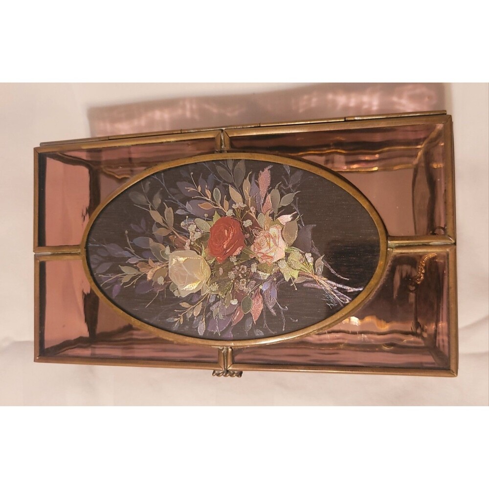 VTG Via Vermont Brass & Rose Floral Etched Glass Mirrored Jewelry Box